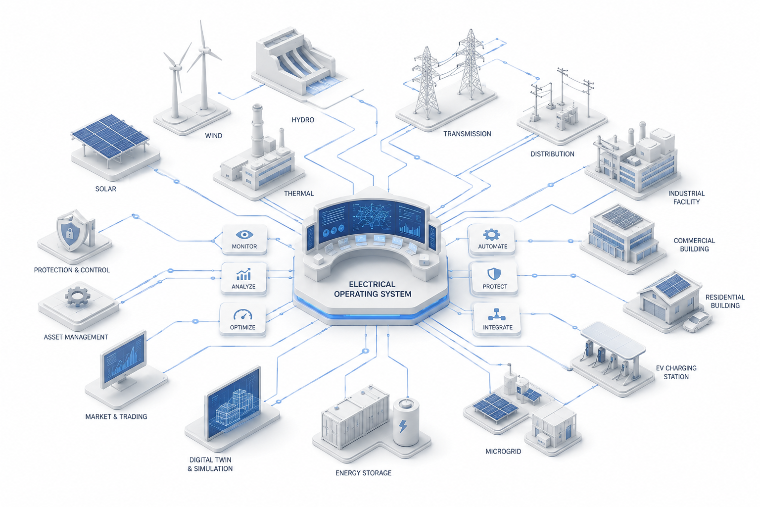 Diagram of PULSE's electrical operating system connecting generation sources, grid infrastructure, and end-use facilities