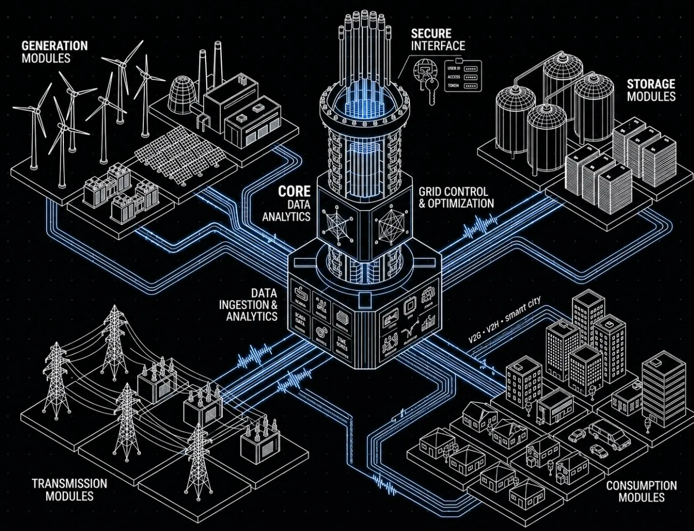 Isometric diagram of PULSE's forecasting engine connecting renewable generation, industrial storage, transmission infrastructure, and a smart city grid