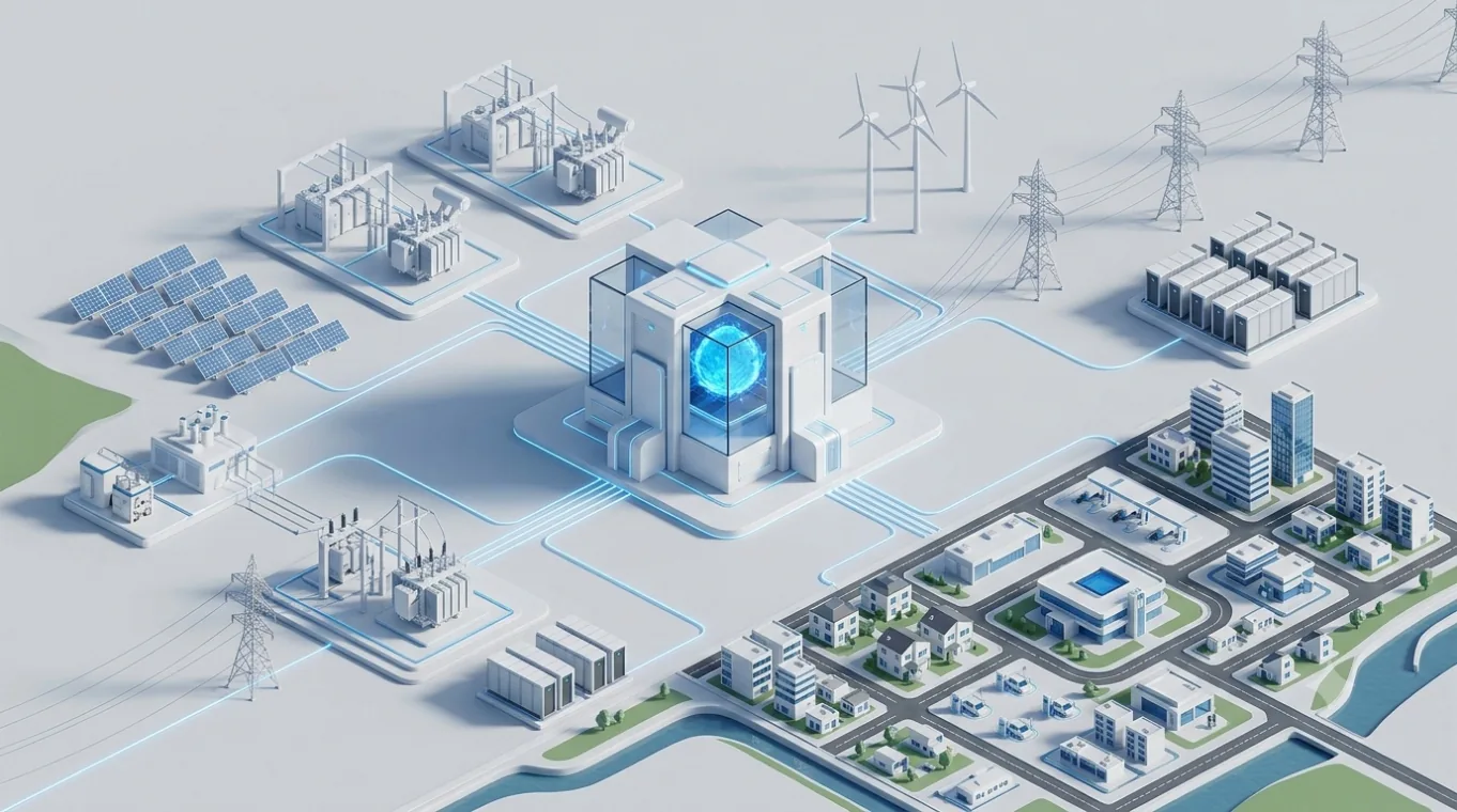 Isometric illustration of PULSE's grid intelligence connecting industrial, transportation, and urban infrastructure